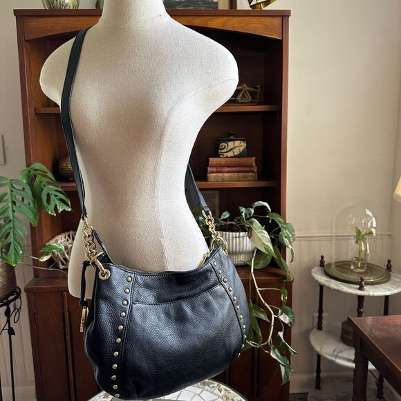 Michael Kors Black Pebbled Leather Studded Shoulder Bag 38H4YMDL2L Gold Hardware - Picture 1 of 15